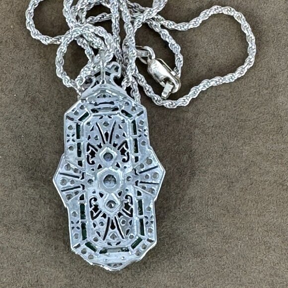 Roaring 20's Art Deco Reto Sterling Silver Lab Created Diamond & Emerald Pendant - Picture 11 of 13